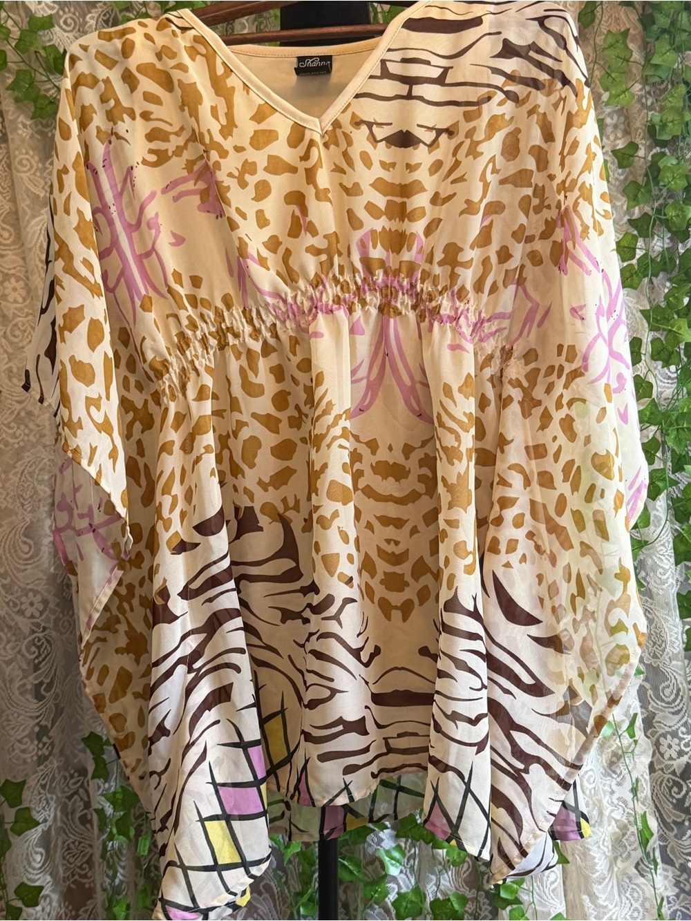 Shanna XL Animal Print Kaftan Tunic Top Beige Brown Pink V Neck Lined Boho